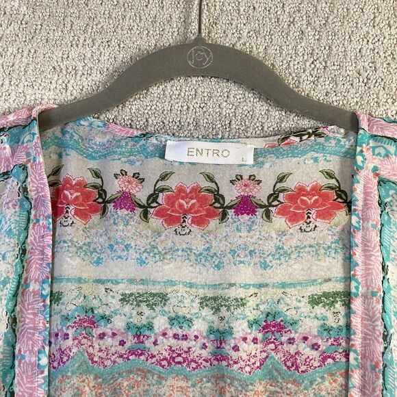 Entro Boho Floral Sheer Kimono with Fringe - Size L - Picture 4 of 5
